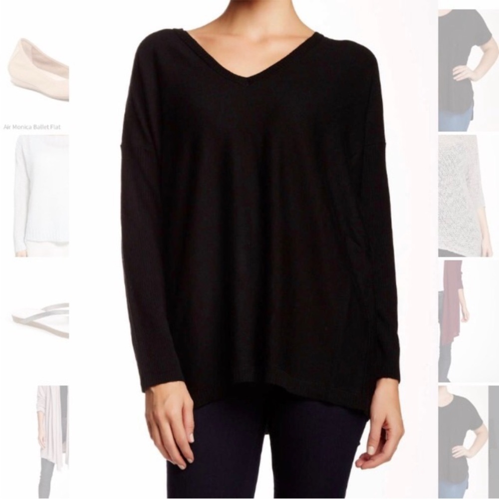 Eileen Fisher V-neck merino Wool silk blend black Sweater M oversized  classy